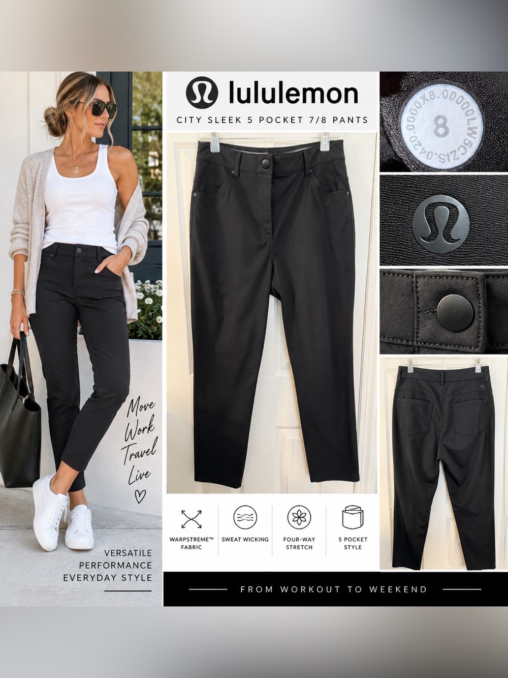 Lululemon City Sleek 5 Pocket 7/8 Pants Black Size 8 Warpstreme
